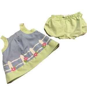 Florence Eiseman Baby Girl Dress Set Bloomers Diaper Cover Blue Green 9 Months